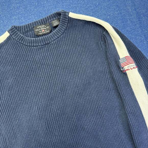 Ralph Lauren Sweaters - Vintage Y2K Polo Jeans Co Ralph Lauren Navy Blue Ribbed Cotton Sweater With Whit